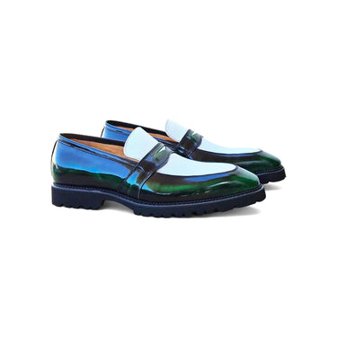 Carrucci Shoes Two Tone Patent Leather Penny Loafer in Olive White