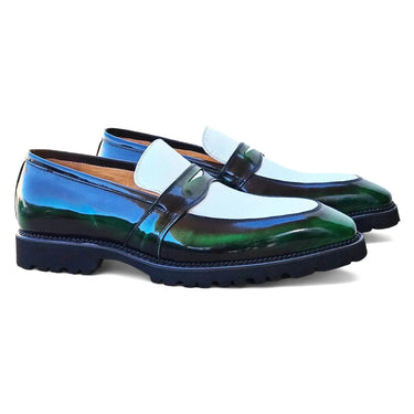 Carrucci Shoes Two Tone Patent Leather Penny Loafer in Olive White