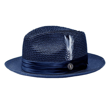 Bruno Capelo Julian Pinch Front Straw Fedora in Navy Blue