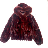 Calvere Furs Women's Fox Bomber Jacket with Hood in Burgundy