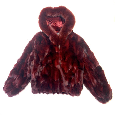 Calvere Furs Women's Fox Bomber Jacket with Hood in Burgundy