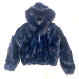 Calvere Furs Women's Fox Bomber Jacket with Hood in Navy