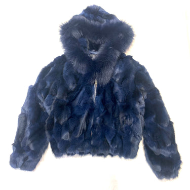 Calvere Furs Women's Fox Bomber Jacket with Hood in Navy