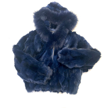 Calvere Furs Women's Fox Bomber Jacket with Hood in Navy