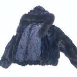 Calvere Furs Women's Fox Bomber Jacket with Hood in Navy
