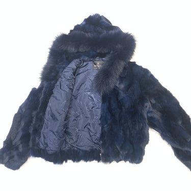 Calvere Furs Women's Fox Bomber Jacket with Hood in Navy