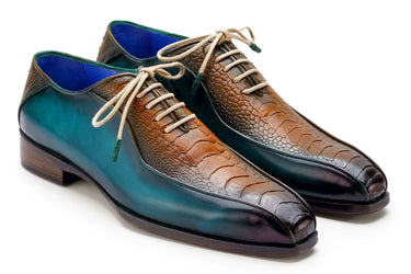 Paul Parkman Men's Genuine Ostrich Leg Bicycle Toe Oxfords in Green & Brown