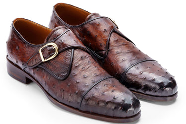 Paul Parkman Men's Genuine Ostrich Skin Monkstrap Shoes in Brown