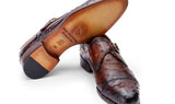 Paul Parkman Men's Genuine Ostrich Skin Monkstrap Shoes in Brown