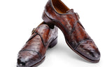 Paul Parkman Men's Genuine Ostrich Skin Monkstrap Shoes in Brown