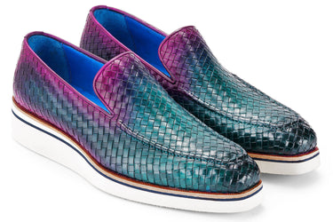 Paul Parkman Men's Smart Casual Woven Leather Loafers in Green & Purple