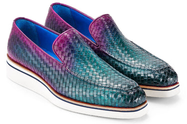 Paul Parkman Men's Smart Casual Woven Leather Loafers in Green & Purple