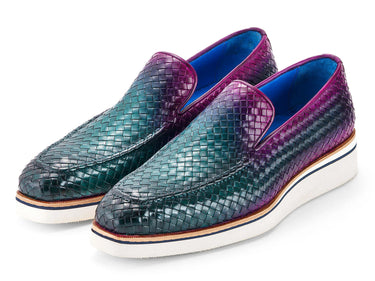 Paul Parkman Men's Smart Casual Woven Leather Loafers in Green & Purple