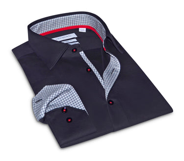 Donny// Cotton Knit-Stretch Button-Up Shirt With Contrast Details // Black // Tailored Fit (Fitted)
