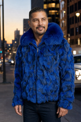 Calvere Furs Men's Fox Bomber Jacket with Full Skin Fox Collar in Royal Blue, worn