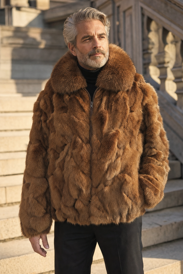 Calvere Furs Men's Fox Bomber Jacket with Full Skin Fox Collar in Whiskey, worn