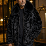 Calvere Furs Men's Diamond Mink Jacket with Fox Collar in Black, worn