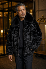 Calvere Furs Men's Diamond Mink Jacket with Fox Collar in Black, worn