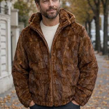 Calvere Furs Men's Diamond Mink Jacket with Detachable Hood in Whiskey, worn