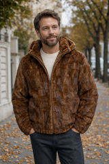 Calvere Furs Men's Diamond Mink Jacket with Detachable Hood in Whiskey, worn