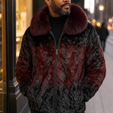 Calvere Furs Men's Diamond Mink Jacket in Burgundy, worn