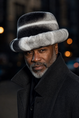 Calvere Furs Men's Rex Rabbit Fedora Hat in Chinchilla, worn