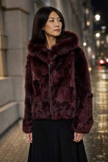 Calvere Furs Women's Fox Bomber Jacket with Hood in Burgundy, worn