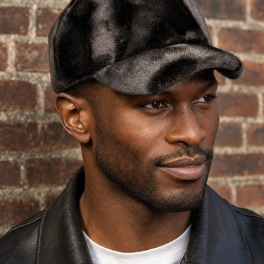 Calvere Furs Men's Diamond Mink Baseball Cap in Black, worn