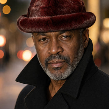 Calvere Furs Men's Diamond Mink Fedora Hat in Burgundy, worn