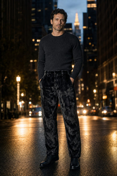 Calvere Furs Men's Mink Sections Pants in Black, worn