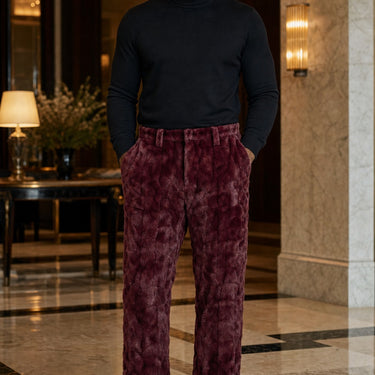 Calvere Furs Men's Mink Sections Pants in Burgundy, worn