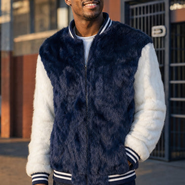 Calvere Furs Men's Rabbit Baseball Jacket in Navy/White, worn