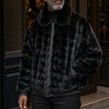 Calvere Furs Men's Reversible Diamond Mink and Leather Jacket with Full Skin Mink Collar in Black, worn