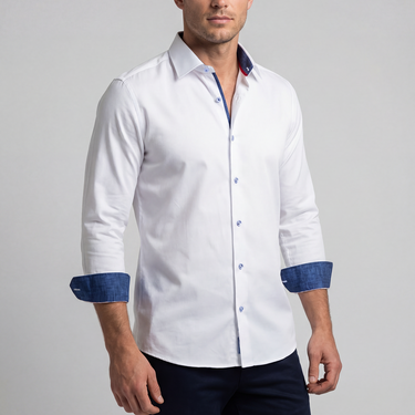 Ron// Cotton Knit-Stretch Button-Up Shirt With Contrast Details // White // Tailored Fit (Fitted)
