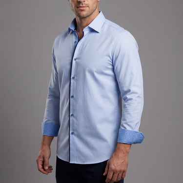 Levy// Cotton Knit-Stretch Button-Up Shirt With Contrast Details // Blue // Tailored Fit (Fitted)