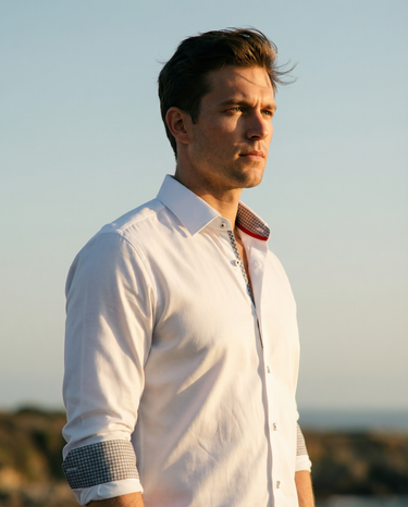 Jason// Cotton Knit-Stretch Button-Up Shirt With Contrast Details // White // Tailored Fit (Fitted)