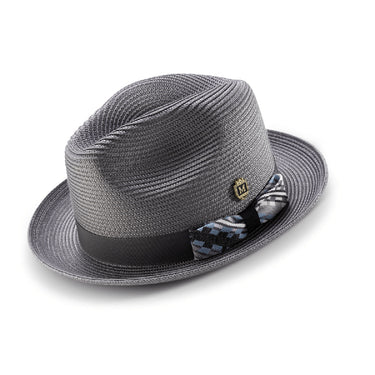 Montique Windy City Pinch Front Straw Fedora in Grey #color_ Grey