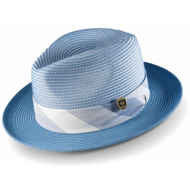 Montique Triple Crown Pinch Front Straw Fedora in Chambray #color_ Chambray