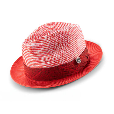 Montique Riviera Pinch Front Straw Fedora in Red #color_ Red