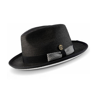 Montique Debonair White Bottom Houndstooth Band Straw Fedora in Black / White