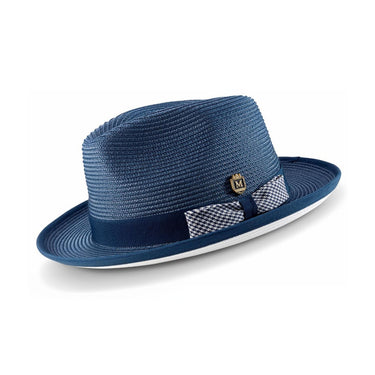 Montique Debonair White Bottom Houndstooth Band Straw Fedora in Navy / White