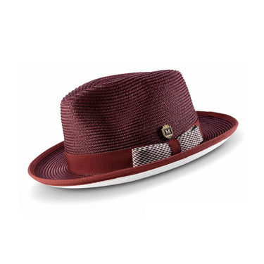 Montique Debonair White Bottom Houndstooth Band Straw Fedora in Wine / White