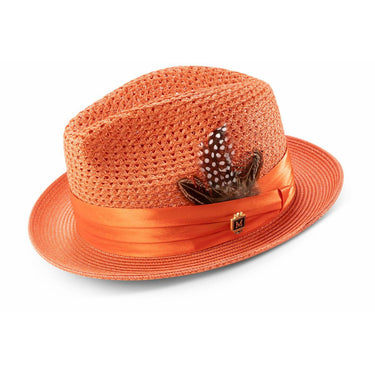 Montique Fairmont Pinch Front Polybraid Straw Fedora in Apricot #color_ Apricot