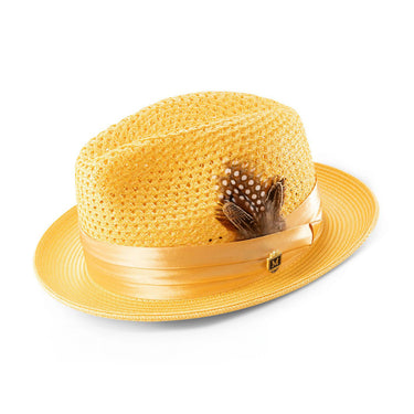 Montique Fairmont Pinch Front Polybraid Straw Fedora in Canary #color_ Canary