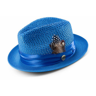 Montique Fairmont Pinch Front Polybraid Straw Fedora in Cobalt