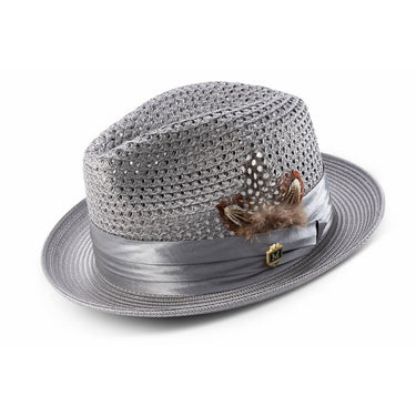 Montique Fairmont Pinch Front Polybraid Straw Fedora in Grey