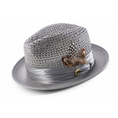 Montique Fairmont Pinch Front Polybraid Straw Fedora in Grey #color_ Grey