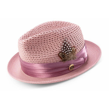 Montique Fairmont Pinch Front Polybraid Straw Fedora in Rose #color_ Rose