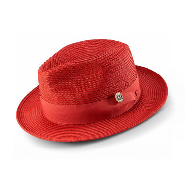 Montique Belmont Pinch Front Polybraid Straw Fedora in Crimson
