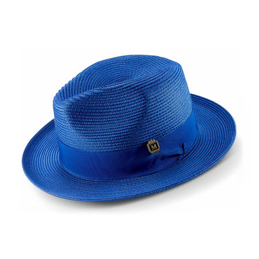 Montique Belmont Pinch Front Polybraid Straw Fedora in Royal #color_ Royal